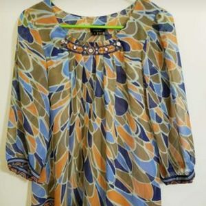 Nicole Miller Blue, Orange, Beige Sheer Beaded Tunic Top Women's Size Small